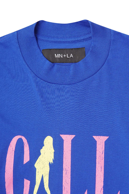 "CALL ME" TEE IN ELECTRIC BLUE