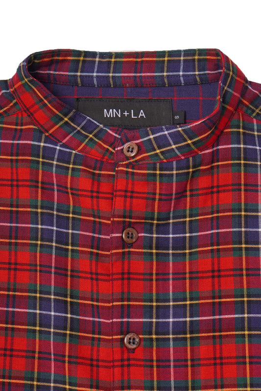 MANDARIN L/S SHIRT IN CRIMSON NAVY PLAID
