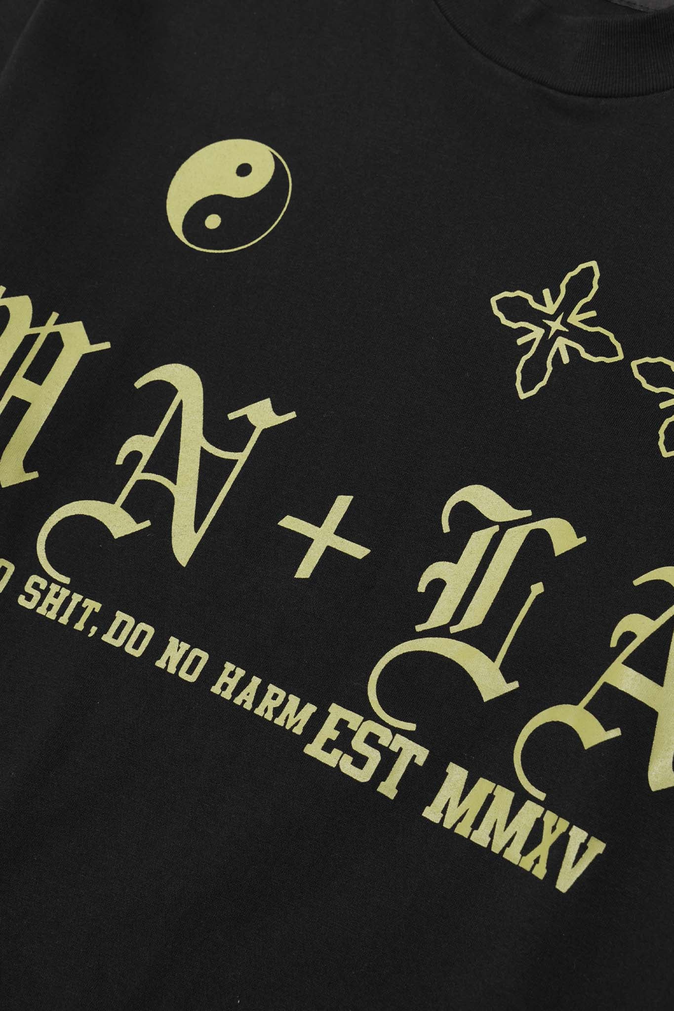 "TAKE NO SHIT, DO NO HARM" TEE IN CAVIAR/OLIVE