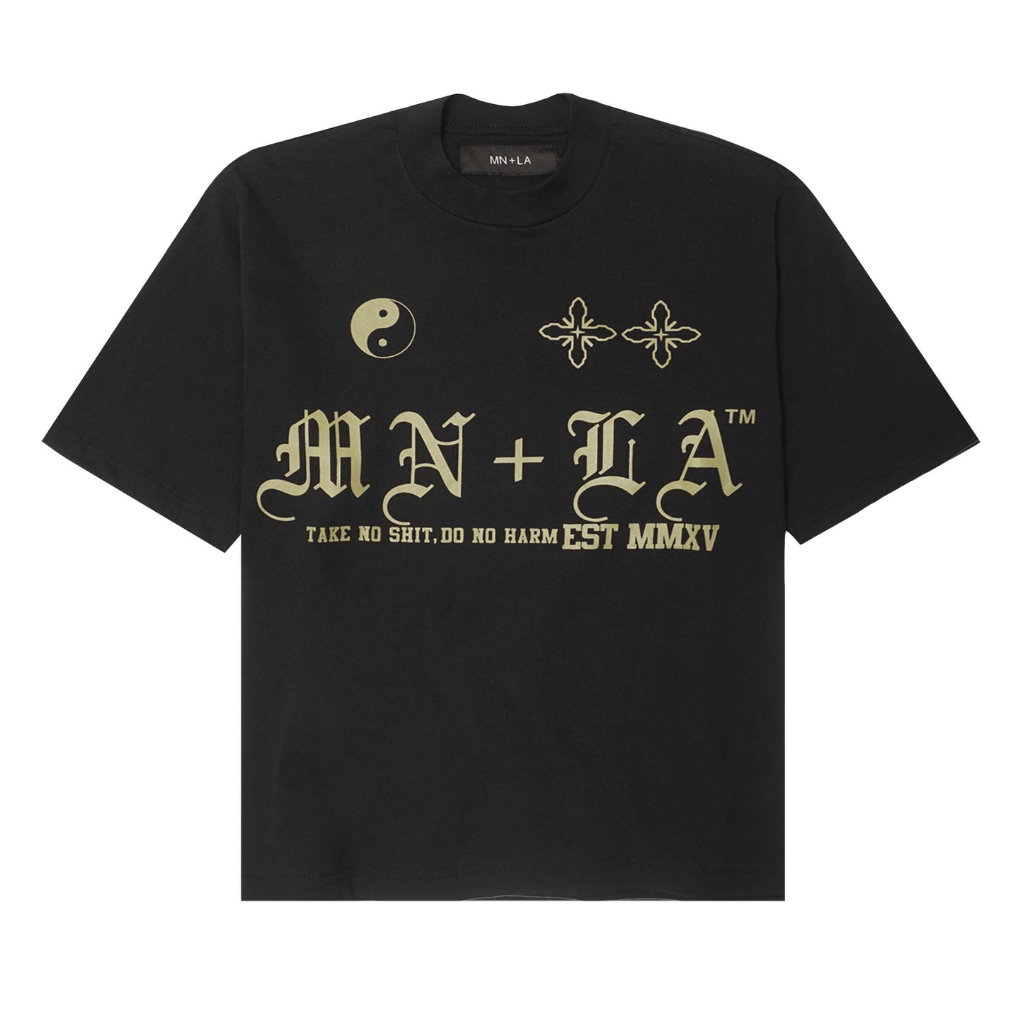 "TAKE NO SHIT, DO NO HARM" TEE IN CAVIAR/OLIVE