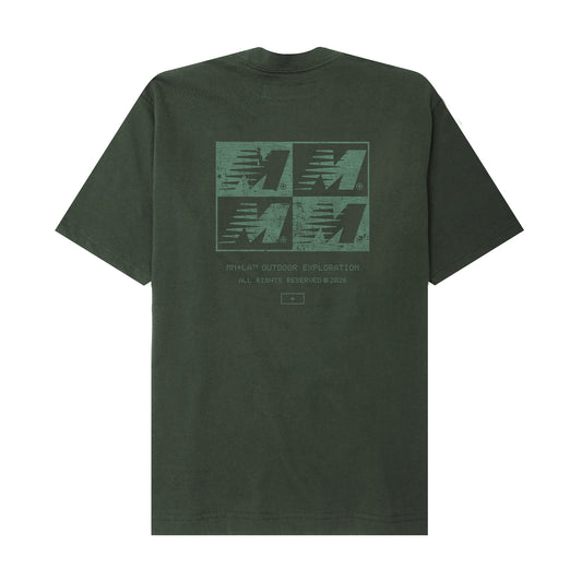 "OUTDOOR EXPLORATION" MULTI LOGO TEE IN HUNTER GREEN
