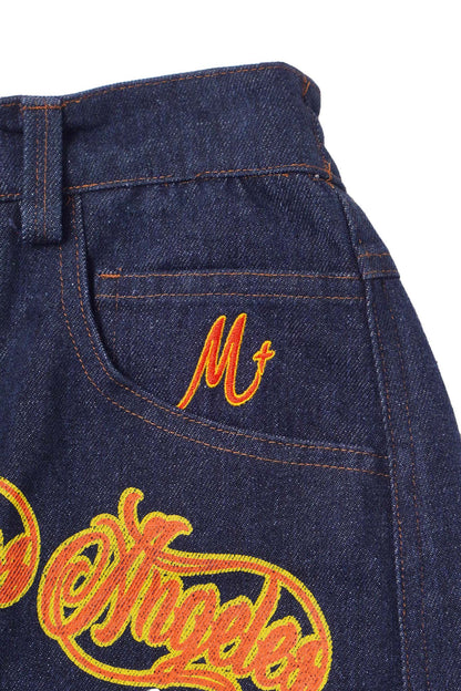 "BURNING STALLION" DOUBLE KNEE PHAT SHORTS IN DENIM SLATE