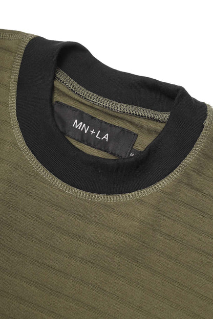 NEEDLEWORK MOCK NECK TEE IN FIELD OLIVE