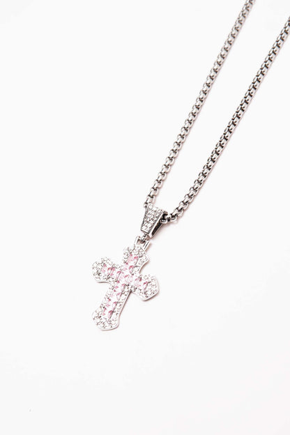 ROSE QUARTZ ICED PENDANT W/ BOX CHAIN