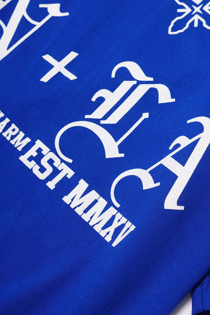 "TAKE NO SHIT, DO NO HARM" TEE IN ELECTRIC BLUE