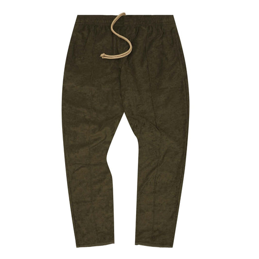 OLIVE TOWEL TERRY RAW FINISH PLEATED LOUNGE PANTS