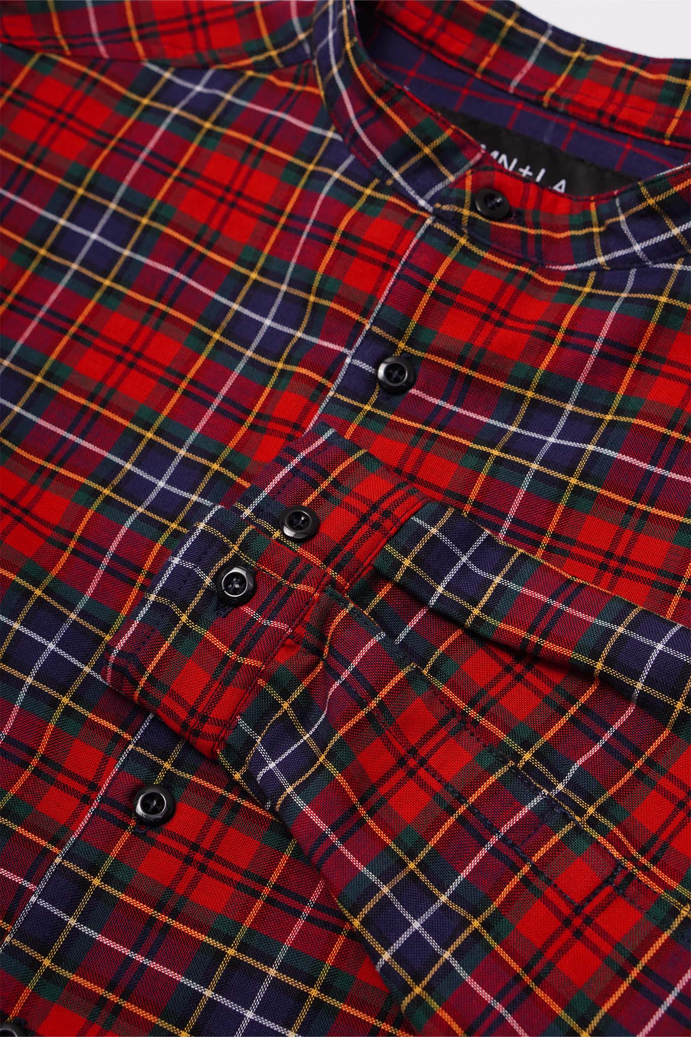 MANDARIN L/S SHIRT IN CRIMSON NAVY PLAID
