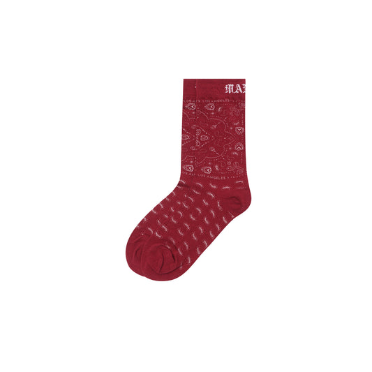 "PEACE PAISLEY" BANDANA SOCK IN BLOOD RED