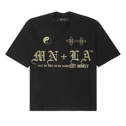 "TAKE NO SHIT, DO NO HARM" TEE IN CAVIAR/OLIVE
