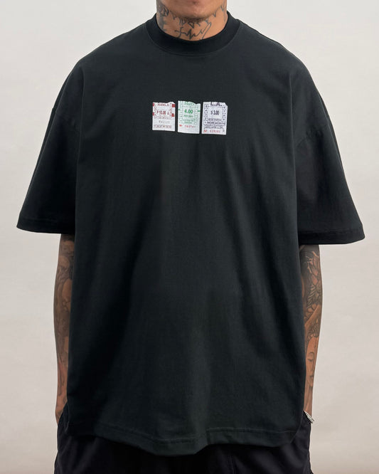 "BUS TIX" TEE IN CAVIAR