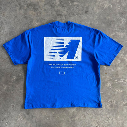 "OUTDOOR EXPLORATION" TEE IN ELECTRIC BLUE