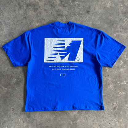 "OUTDOOR EXPLORATION" TEE IN ELECTRIC BLUE