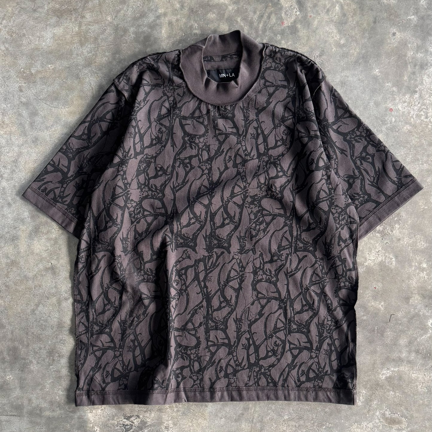 "VINES AND THORNS" RAW STITCH  MOCK NECK TEE V2 IN CHARCOAL GREY