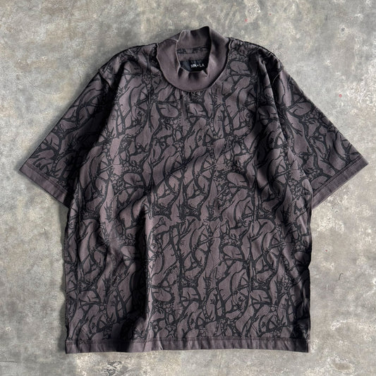 "VINES AND THORNS" RAW STITCH  MOCK NECK TEE V2 IN CHARCOAL GREY
