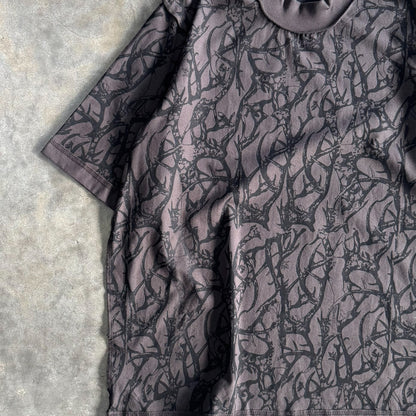 "VINES AND THORNS" RAW STITCH  MOCK NECK TEE V2 IN CHARCOAL GREY