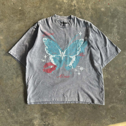 "LEAVE ME ALONE" TEE IN STONE/DARK TEAL