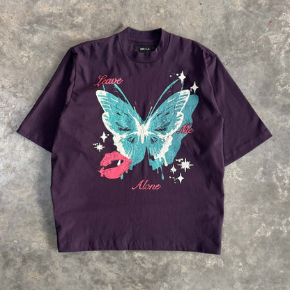 "LEAVE ME ALONE" TEE IN SHADOW PURPLE