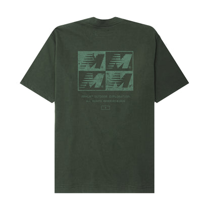 "OUTDOOR EXPLORATION" MULTI LOGO TEE IN HUNTER GREEN