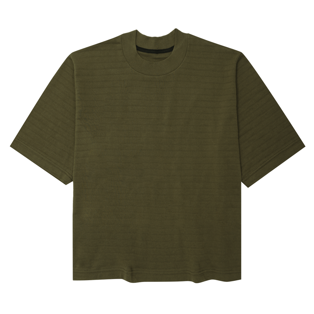 STRIPED PIQUE MOCK NECK TEE IN OLIVE