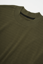 STRIPED PIQUE MOCK NECK TEE IN OLIVE