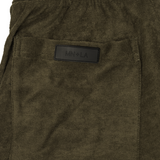 OLIVE TOWEL TERRY RAW FINISH PLEATED LOUNGE PANTS