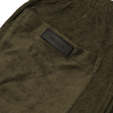 OLIVE TOWEL TERRY RAW FINISH PLEATED LOUNGE PANTS
