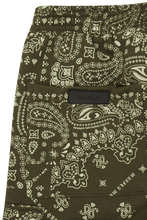 "PATCHWORK PAISLEY" 7 POCKET SWEATSHORTS IN OLIVE
