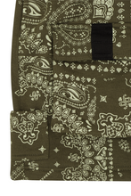 "PATCHWORK PAISLEY" 7 POCKET SWEATSHORTS IN OLIVE